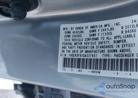 2016 Honda Accord Touring from USA, damaged, VIN 1HGCR3F91GA027451